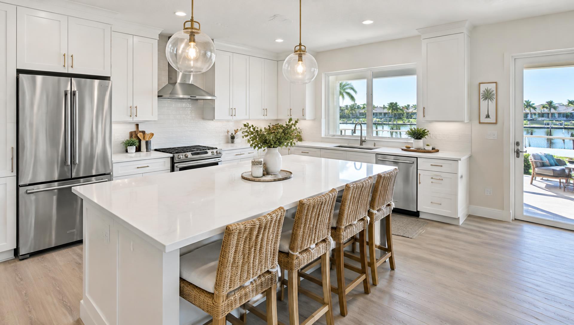 Bright finished kitchen remodel with white cabinets and quartz island